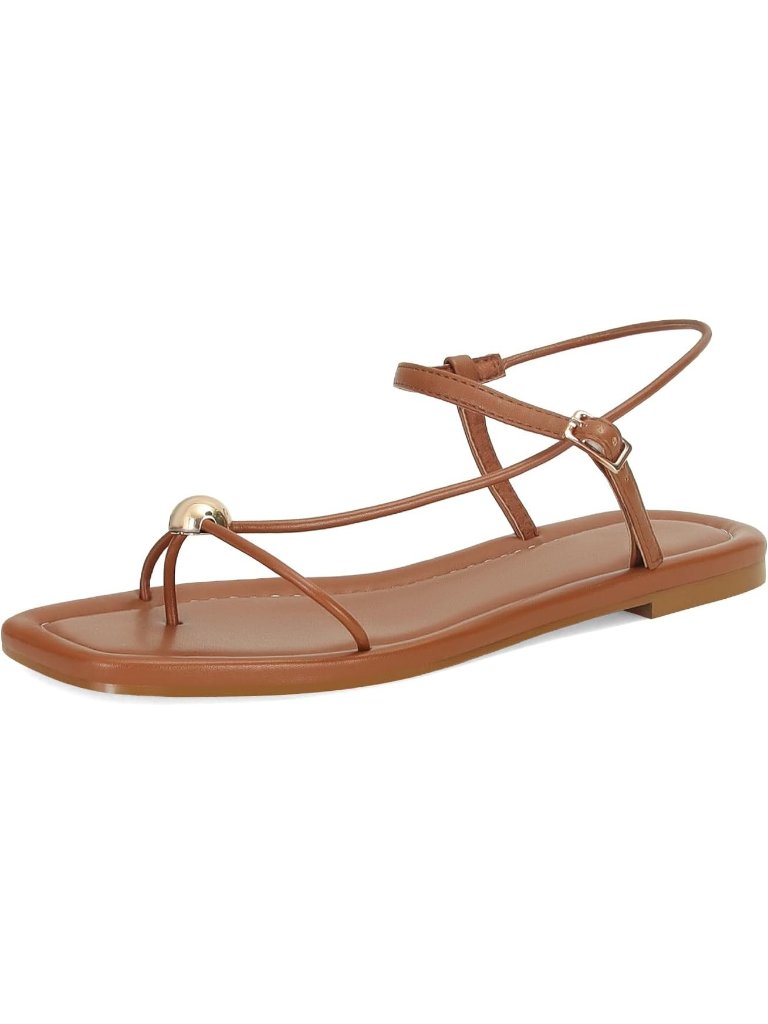 Women's Brown Faux Leather Comfortable Open Square Toe Strappy Thong Sandals
